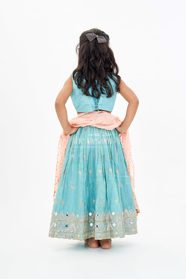 Girls Blue Party Lehenga Dress with Embroidered Blouse and Mirror Work Detailing