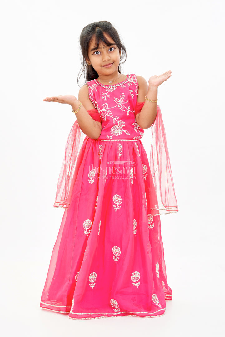 Girls Embroidered Sharara Lehenga Choli in Red with Floral Gold Threadwork