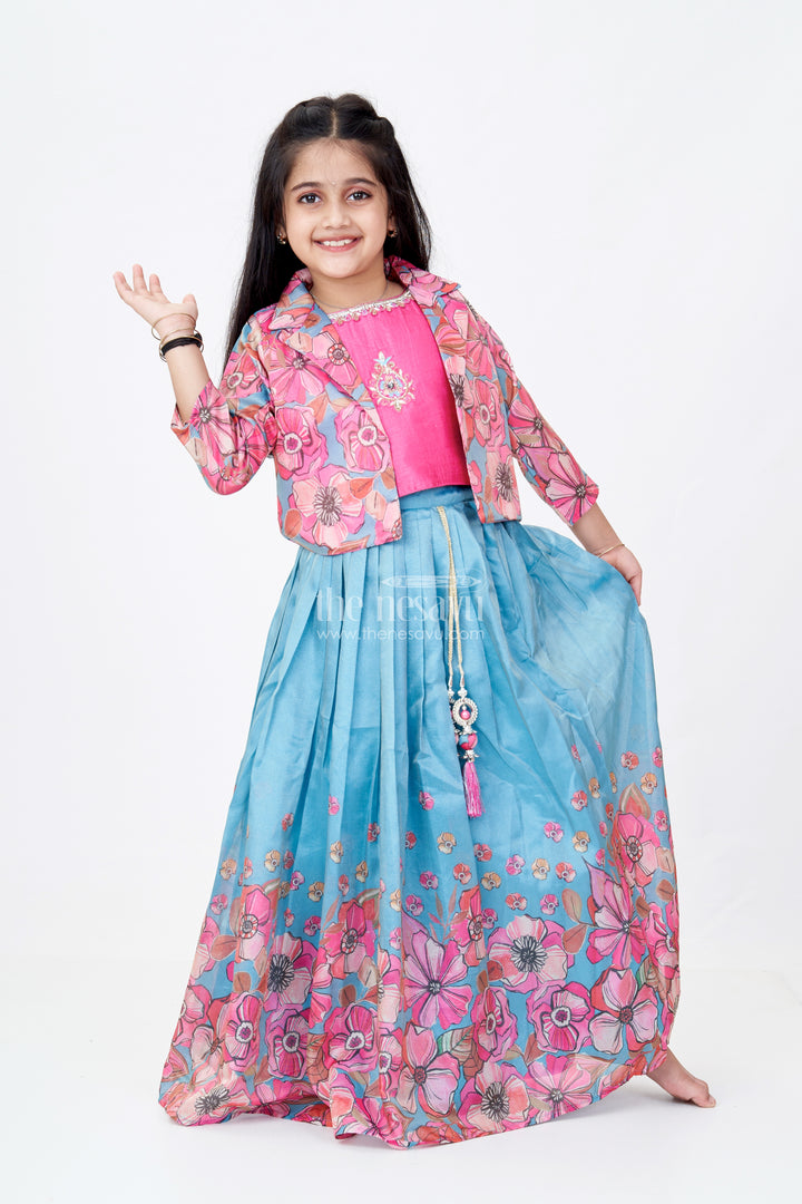 Girls Lehenga Choli Party Wear in Teal and Pink with Digital Floral Prints and Jacket