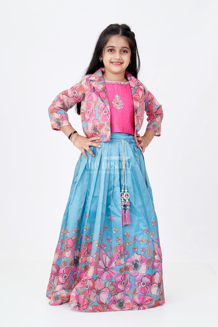 Girls Lehenga Choli Party Wear in Teal and Pink with Digital Floral Prints and Jacket