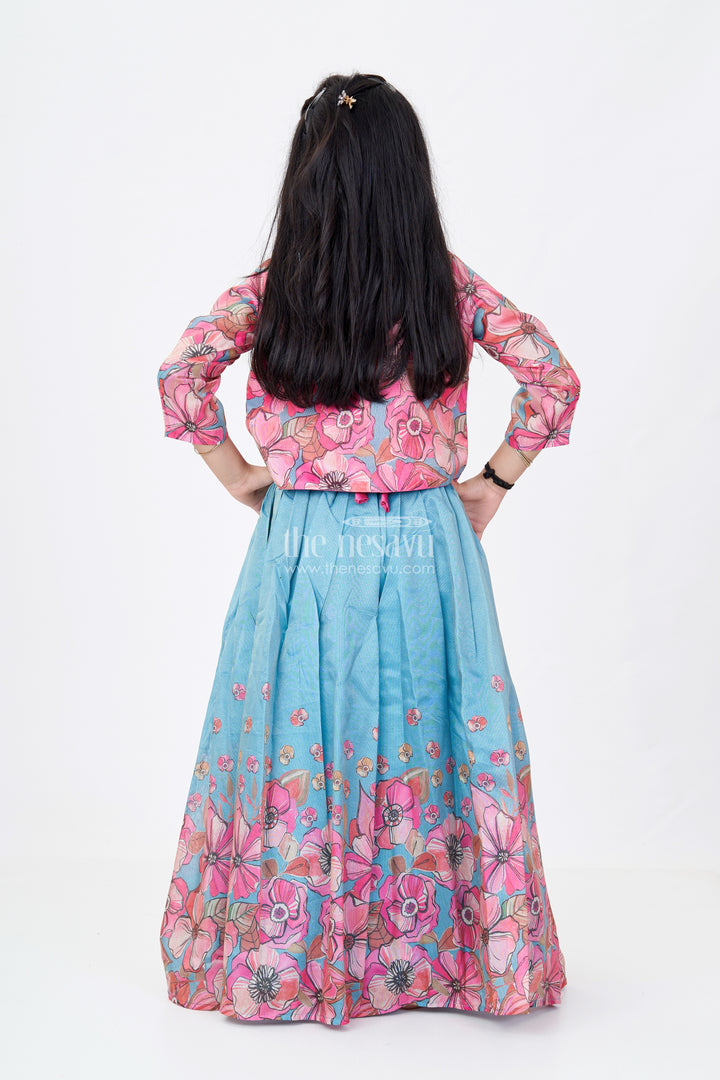 Girls Lehenga Choli Party Wear in Teal and Pink with Digital Floral Prints and Jacket