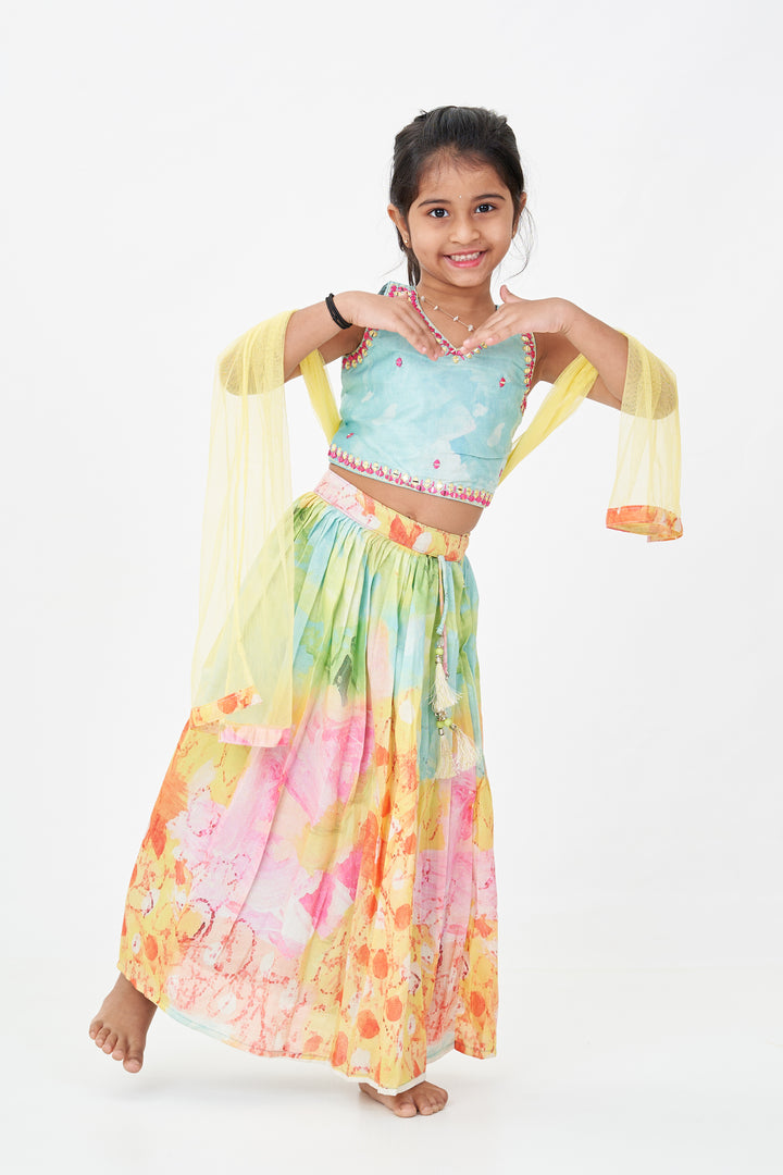 Girls Yellow Shimmer Lehenga Choli with Vibrant Digital Print Perfect for Yellow Cotton Lehenga Party Look