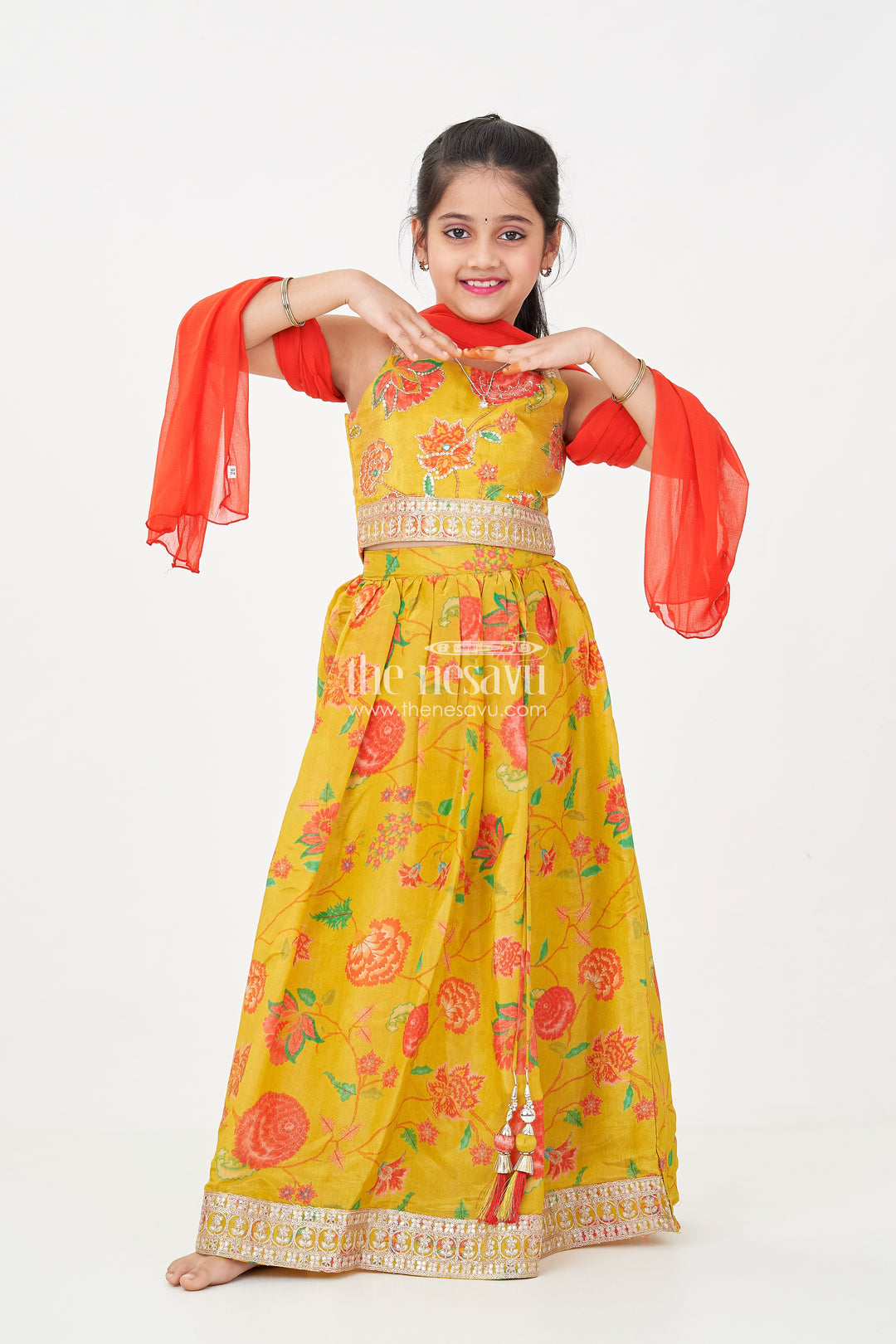 Girls Yellow Lehenga for Reception with Floral Digital Prints and Embellished Waistband