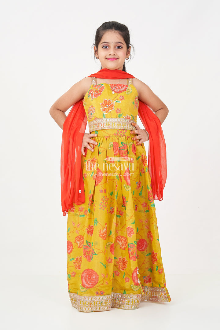 Girls Yellow Lehenga for Reception with Floral Digital Prints and Embellished Waistband