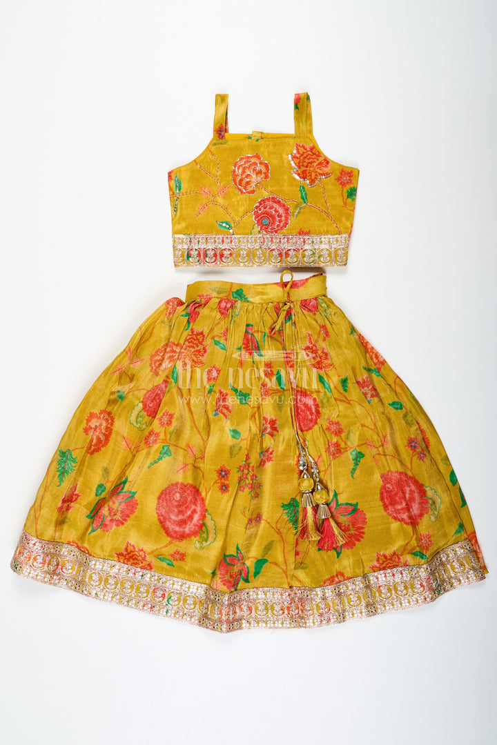 Girls Yellow Lehenga for Reception with Floral Digital Prints and Embellished Waistband