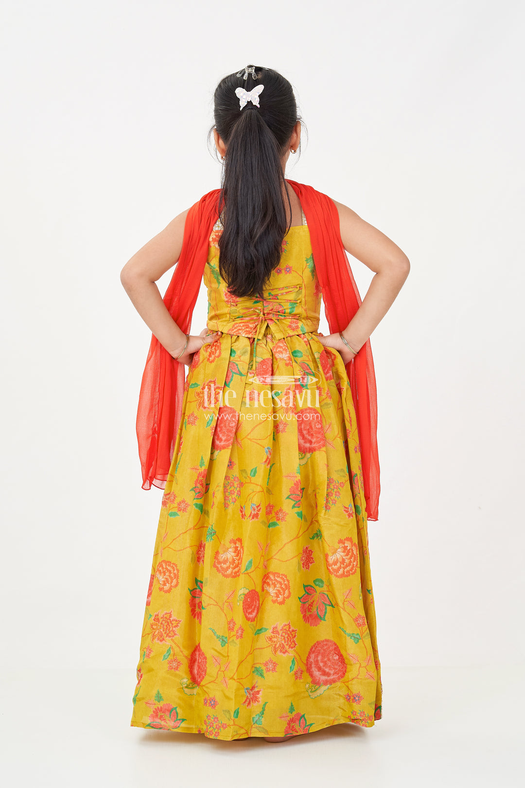 Girls Yellow Lehenga for Reception with Floral Digital Prints and Embellished Waistband