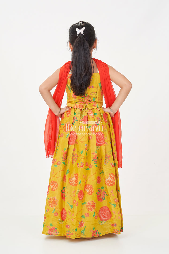 Girls Yellow Lehenga for Reception with Floral Digital Prints and Embellished Waistband