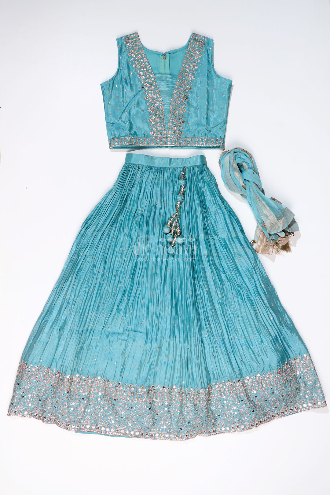 Elegant Long Choli Lehenga for Girls with Shimmering Chinon Silk and Embellished Dupatta