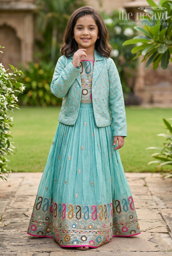 Exquisite Light Green Lehenga for Girls with Designer Embroidery and Shimmer Chinon Silk