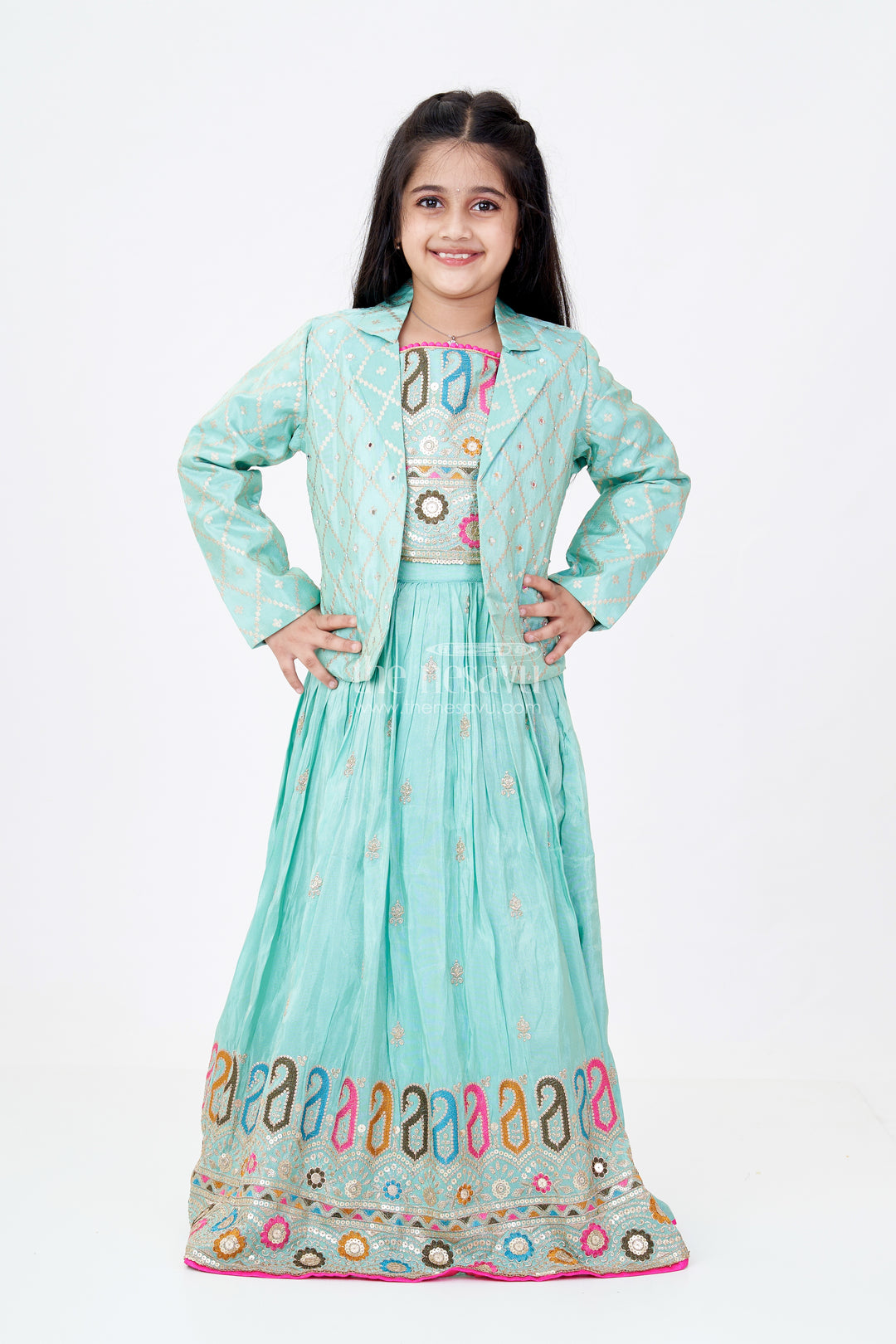 Exquisite Light Green Lehenga for Girls with Designer Embroidery and Shimmer Chinon Silk