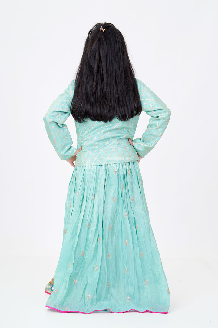 Exquisite Light Green Lehenga for Girls with Designer Embroidery and Shimmer Chinon Silk