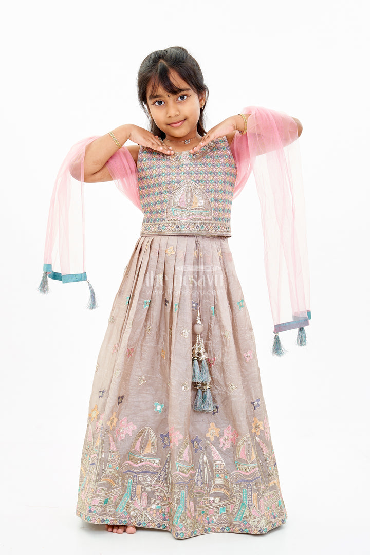 Exquisite Sleeveless Lehenga Choli for Girls with Embroidered Shimmer Silk and Matching Dupatta