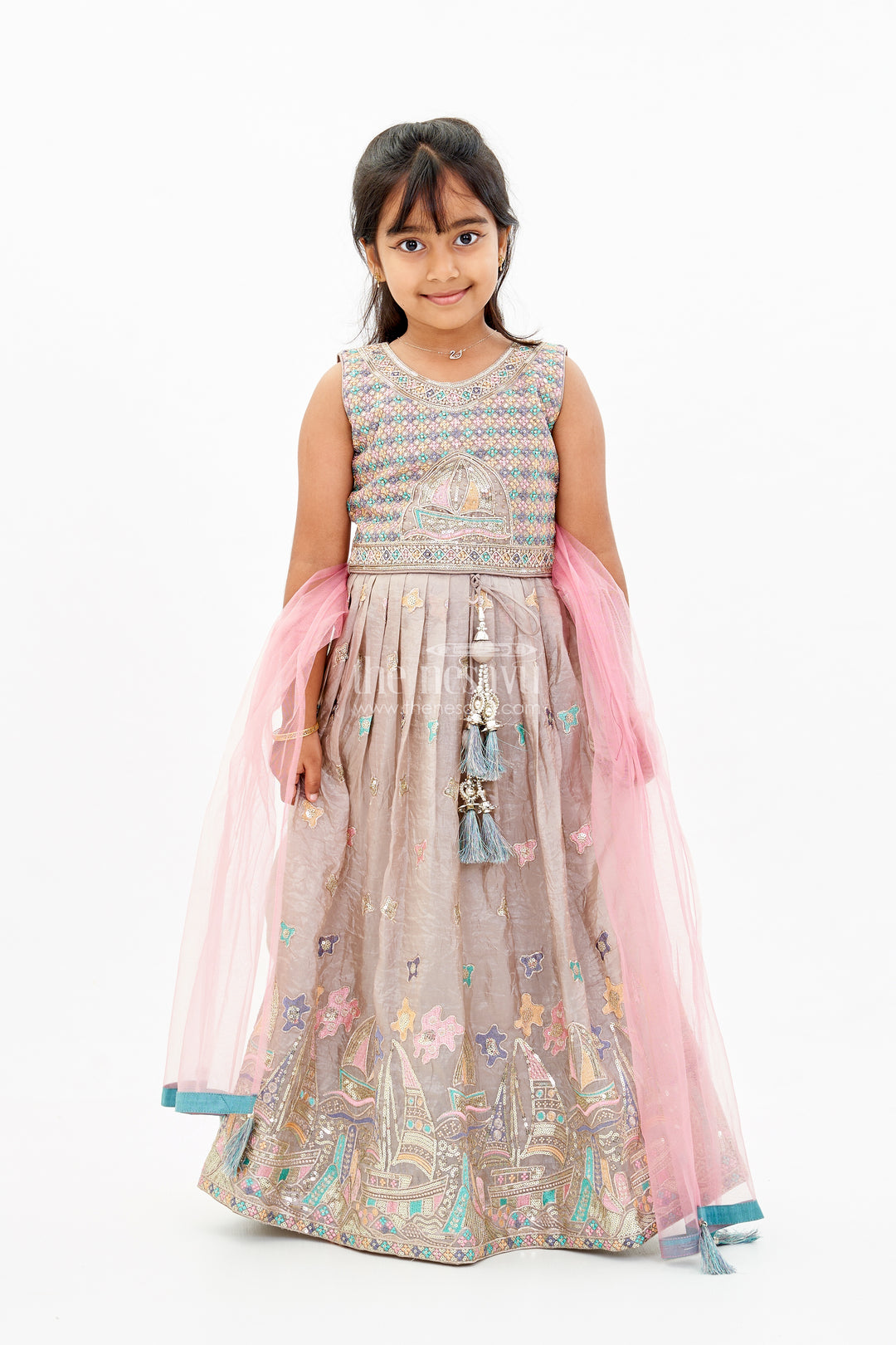 Exquisite Sleeveless Lehenga Choli for Girls with Embroidered Shimmer Silk and Matching Dupatta