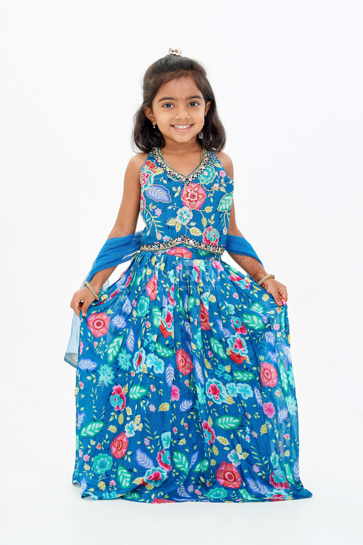 Vibrant Blue and Pink Lehenga for Girls with Chinon Digital Printed Silk and Mirror Work