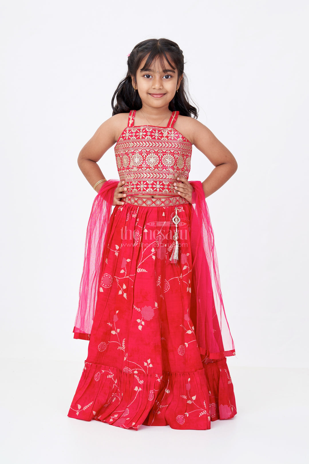 Stunning Red Lehenga Choli for Girls with Modal Chanderi Printed Fabric and Embroidered Choli
