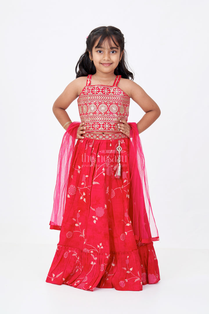 Stunning Red Lehenga Choli for Girls with Modal Chanderi Printed Fabric and Embroidered Choli