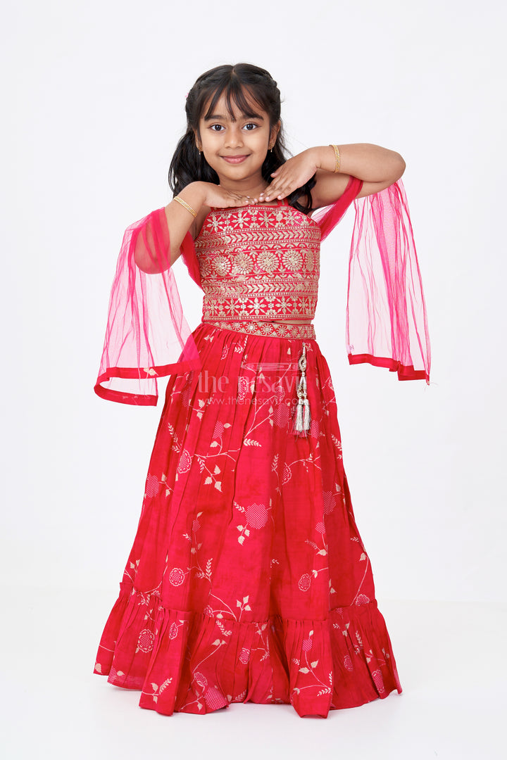 Stunning Red Lehenga Choli for Girls with Modal Chanderi Printed Fabric and Embroidered Choli