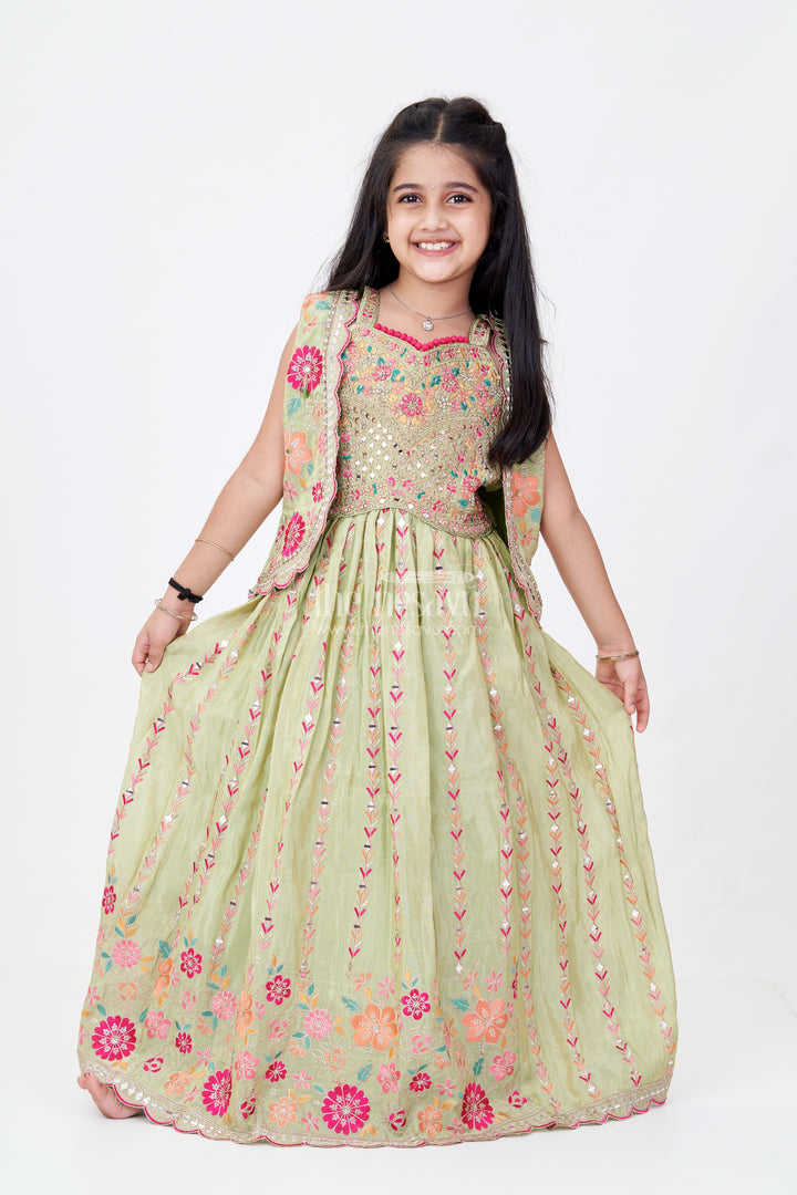 Exquisite Green Lehenga for Girls with Floral Embroidery and Mirror Work Choli
