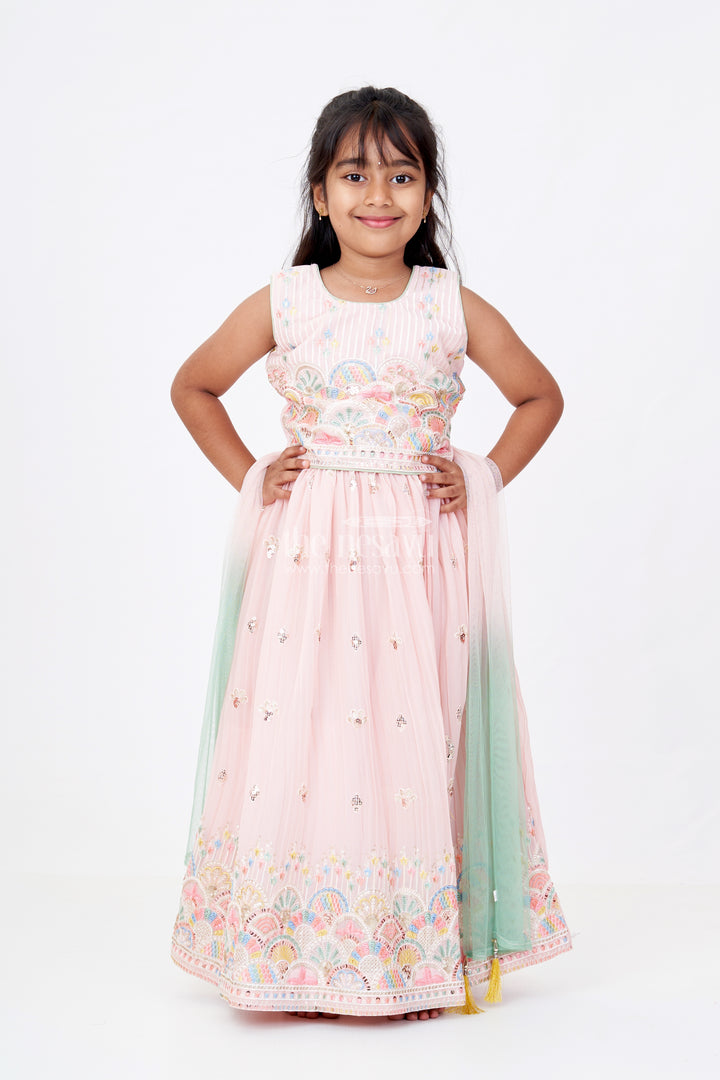 Girls Stylish Lehenga Choli with Multicolor Embroidery and Elegant Scalloped Hem for Festive Wear