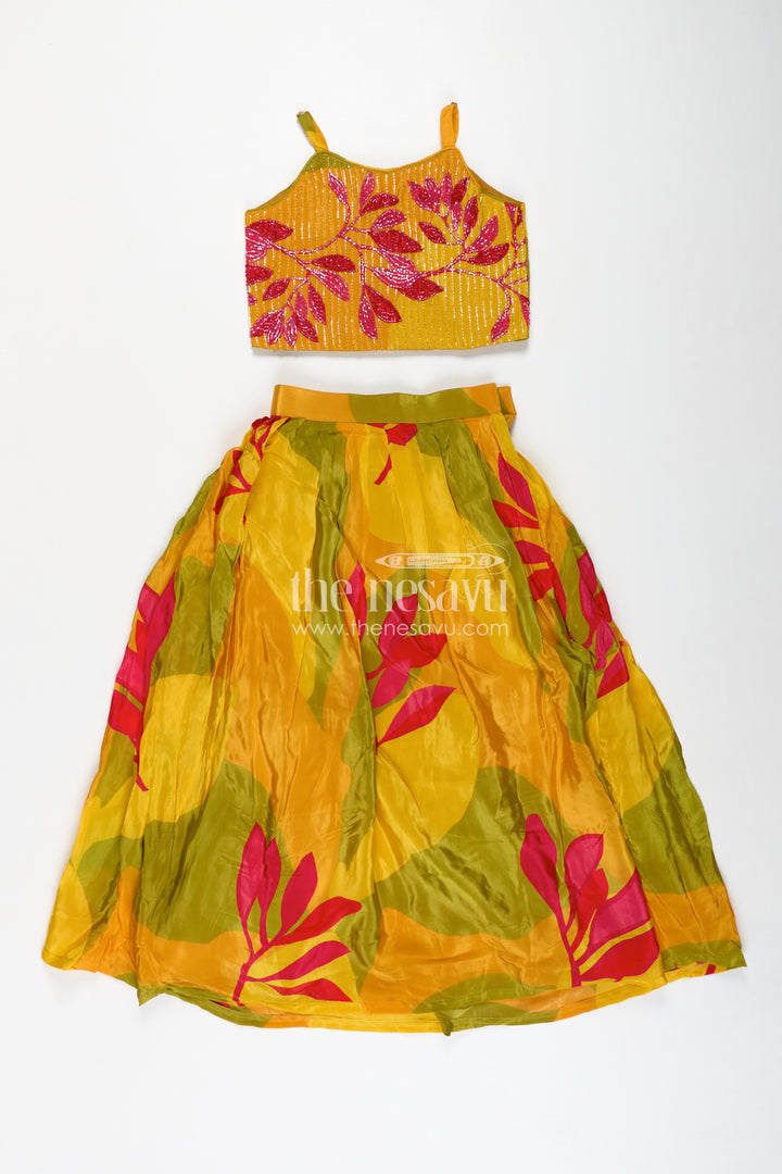 Girls Traditional Silk Lehenga Choli in Pure Muslin Silk with Beaded Blouse and Printed Skirt