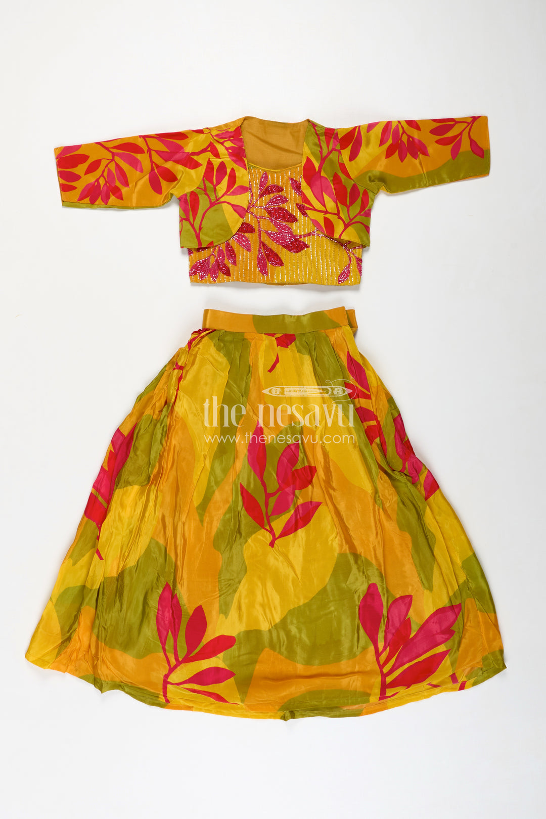Girls Traditional Silk Lehenga Choli in Pure Muslin Silk with Beaded Blouse and Printed Skirt