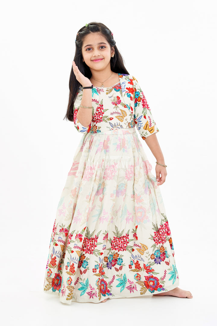 Girls Off White Lehenga for Wedding with Floral Embroidery and Beaded Choli