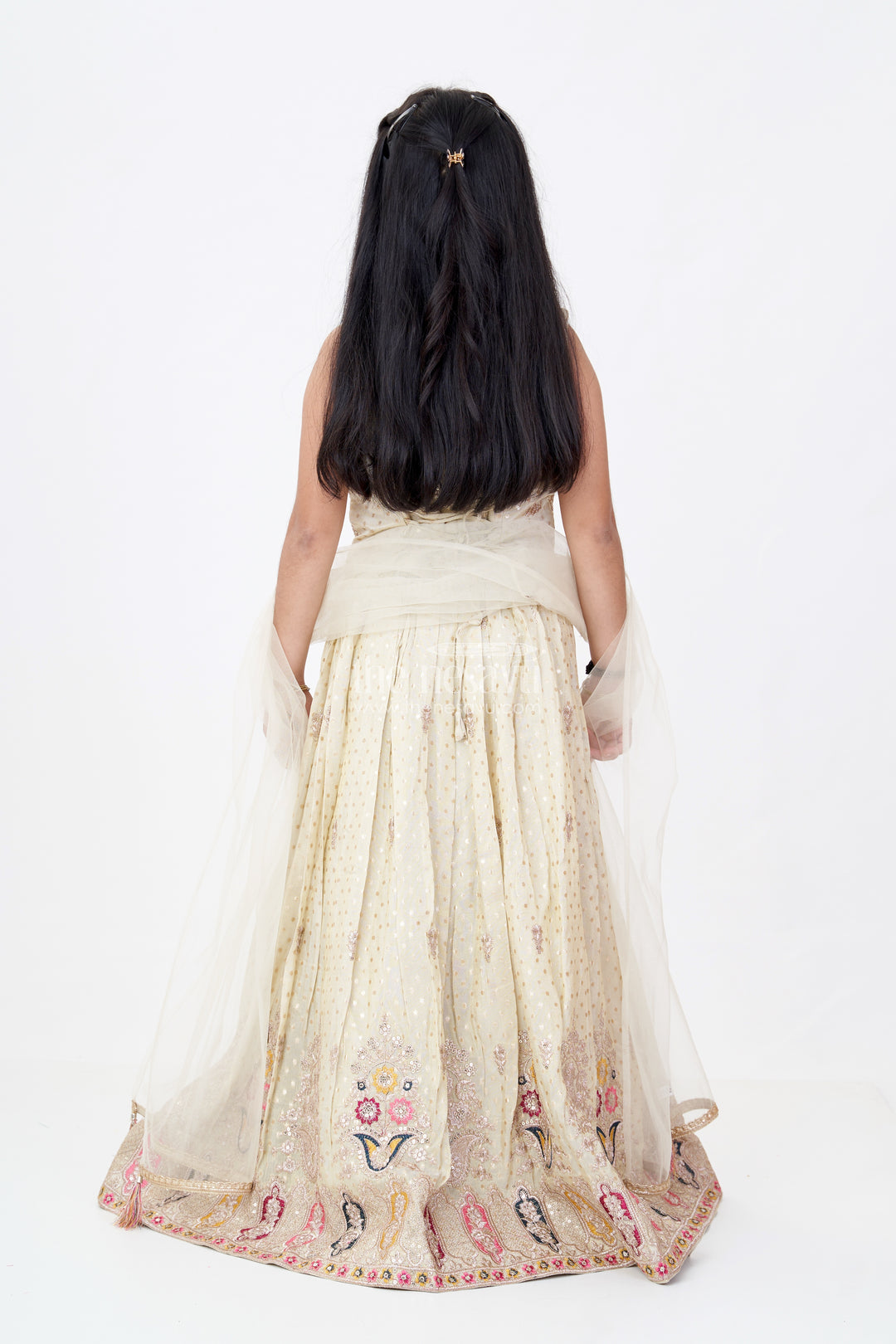 Girls Royal Lehenga with Intricate Embroidery and Mirror Work Choli in Gold
