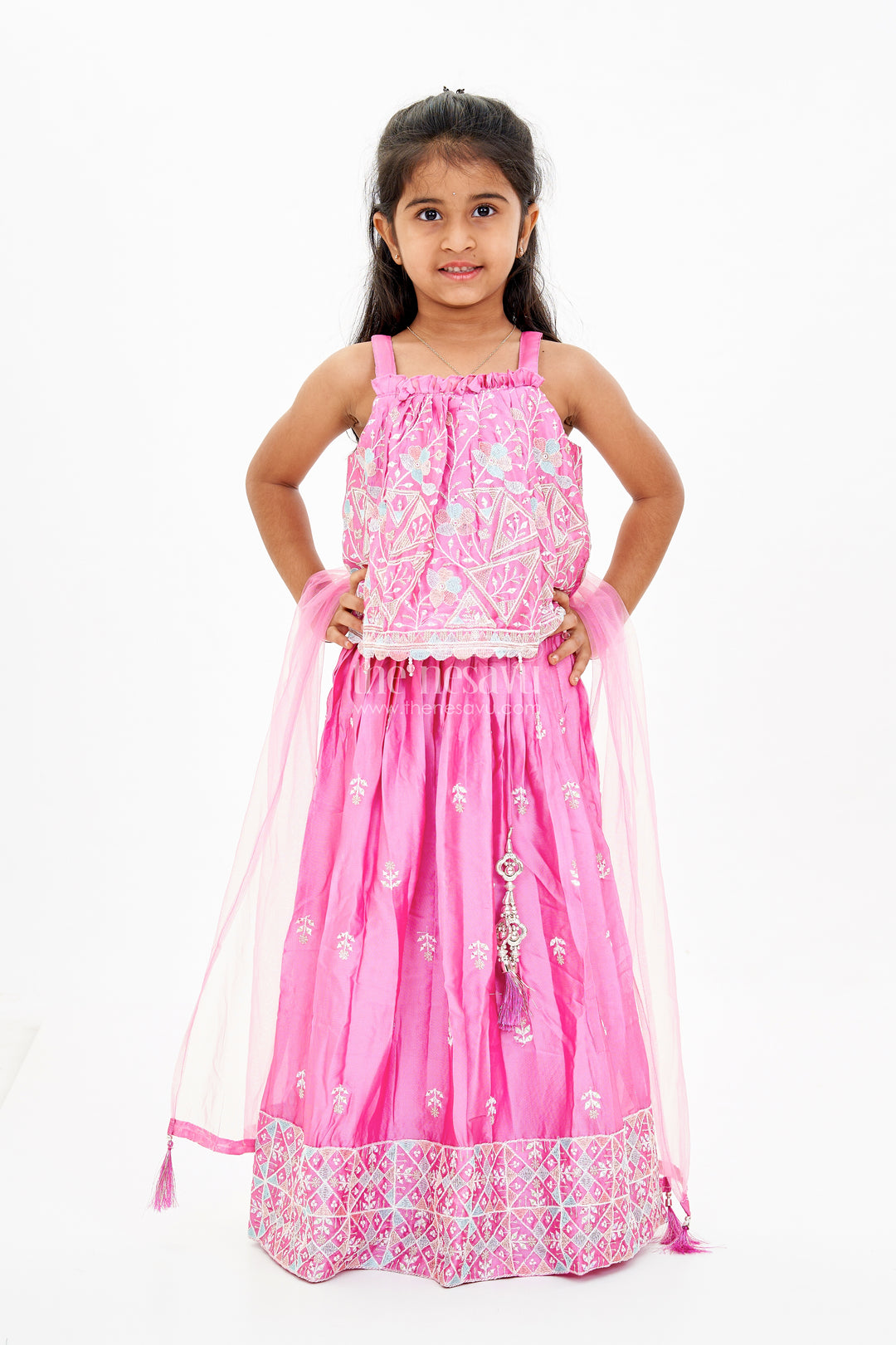 Girls Pink Lehenga Designs with Embroidered Choli and Mirror Work Borders