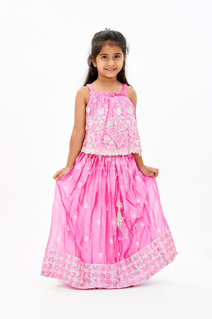 Girls Pink Lehenga Designs with Embroidered Choli and Mirror Work Borders