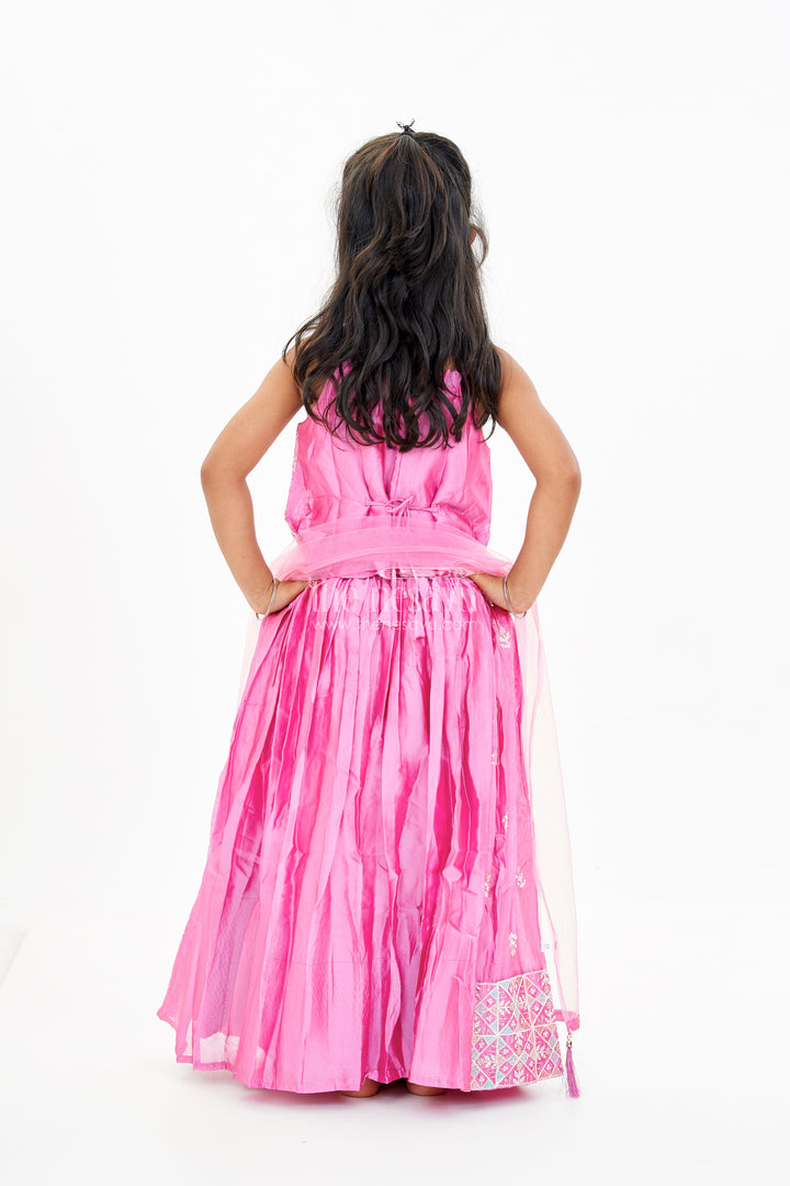 Girls Pink Lehenga Designs with Embroidered Choli and Mirror Work Borders