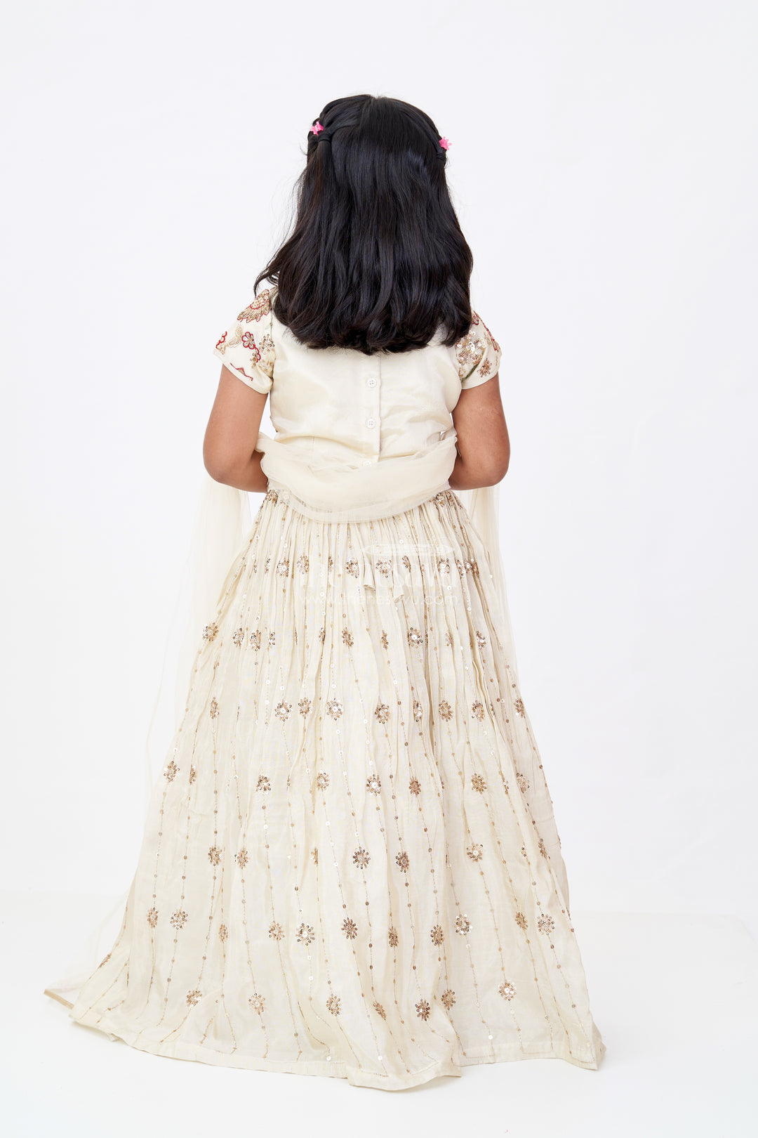 Girls Cream Lehenga Choli in Shimmer Viscose Silk with Floral Embroidery and Dupatta