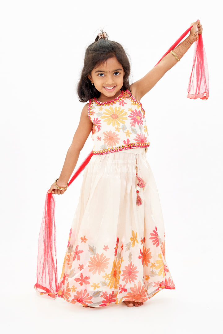Girls Cream Lehenga Choli in Glaze Organza with Digital Floral Print and Tassel Accents