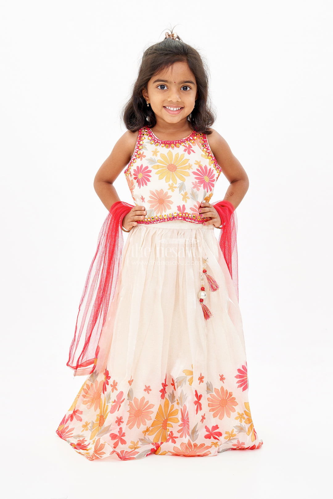 Girls Cream Lehenga Choli in Glaze Organza with Digital Floral Print and Tassel Accents