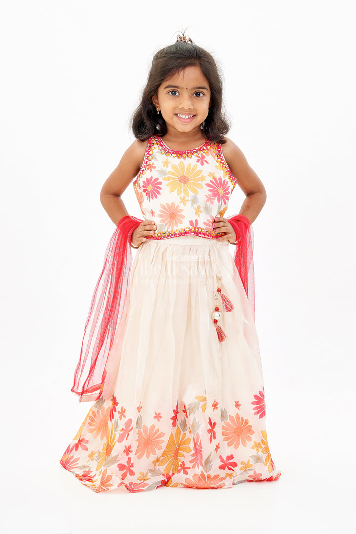 Girls Cream Lehenga Choli in Glaze Organza with Digital Floral Print and Tassel Accents