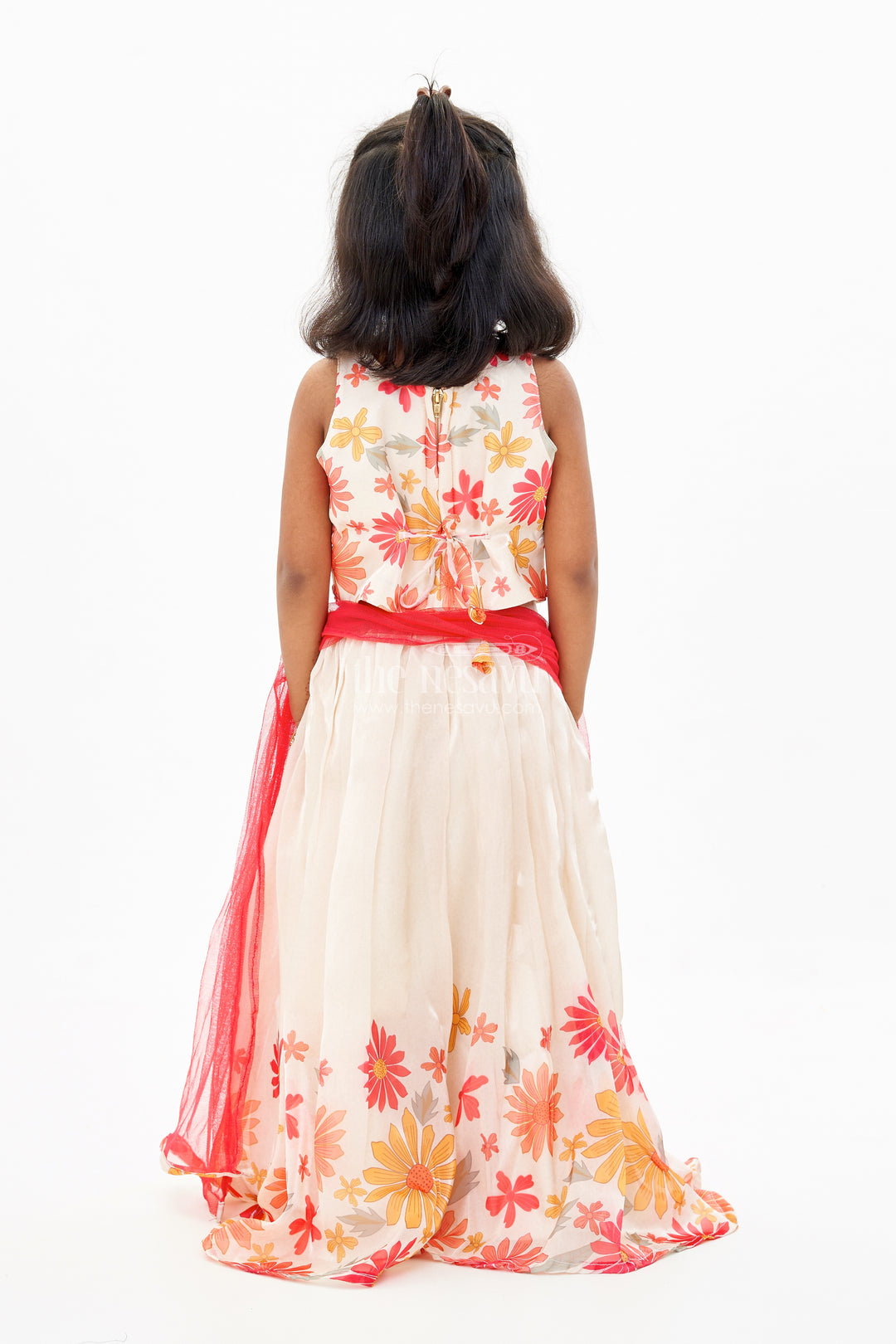 Girls Cream Lehenga Choli in Glaze Organza with Digital Floral Print and Tassel Accents