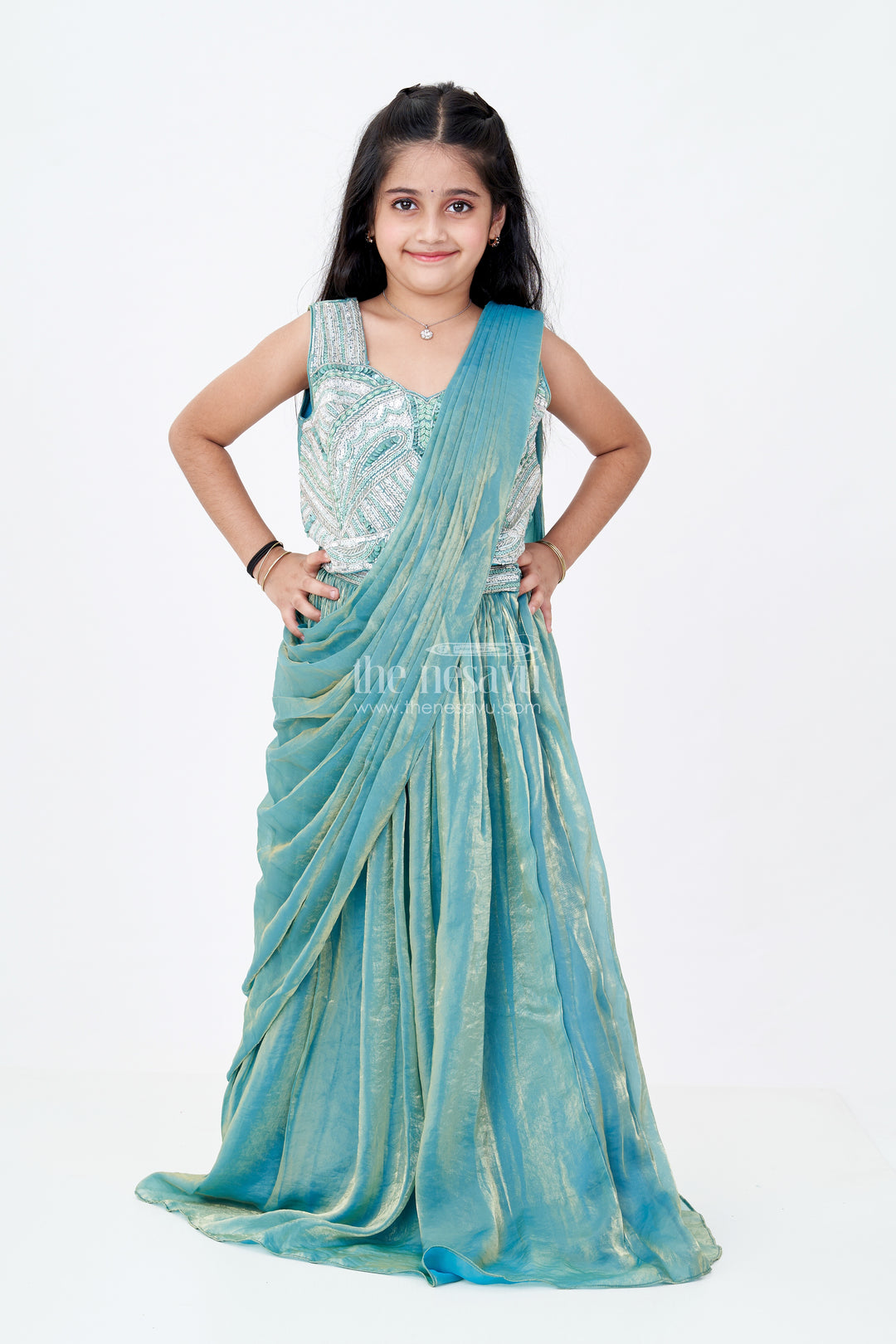 Girls Reception Wear Lehenga in Teal Glazed Organza with Silver Sequin Embroidered Blouse