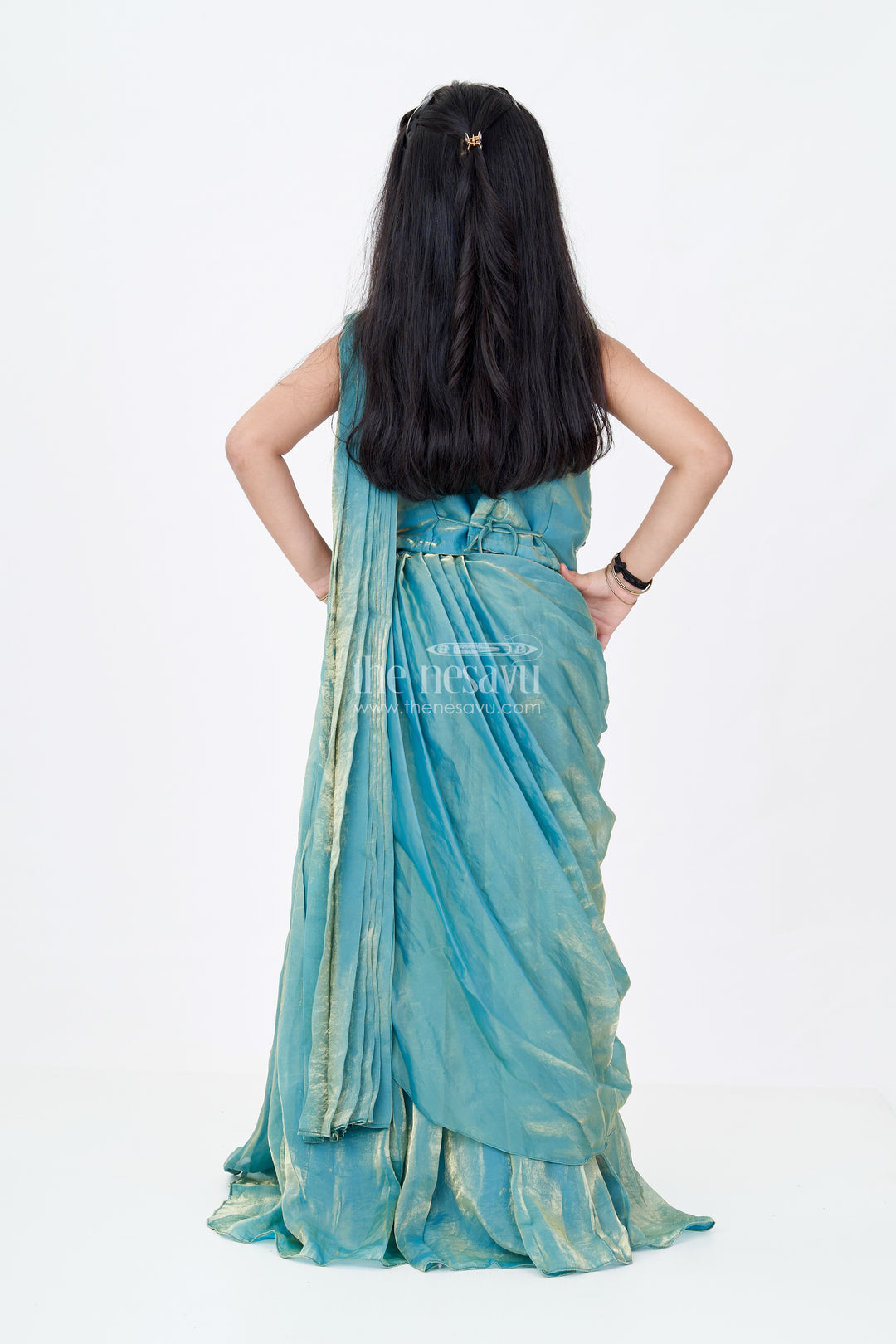 Girls Reception Wear Lehenga in Teal Glazed Organza with Silver Sequin Embroidered Blouse