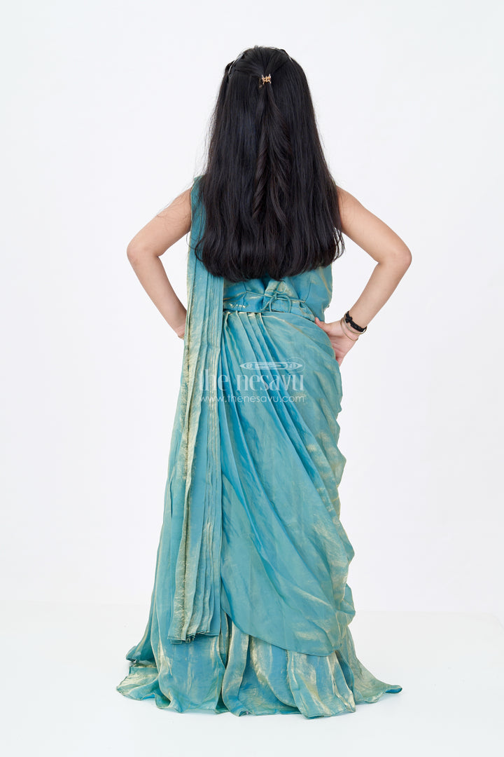Girls Reception Wear Lehenga in Teal Glazed Organza with Silver Sequin Embroidered Blouse