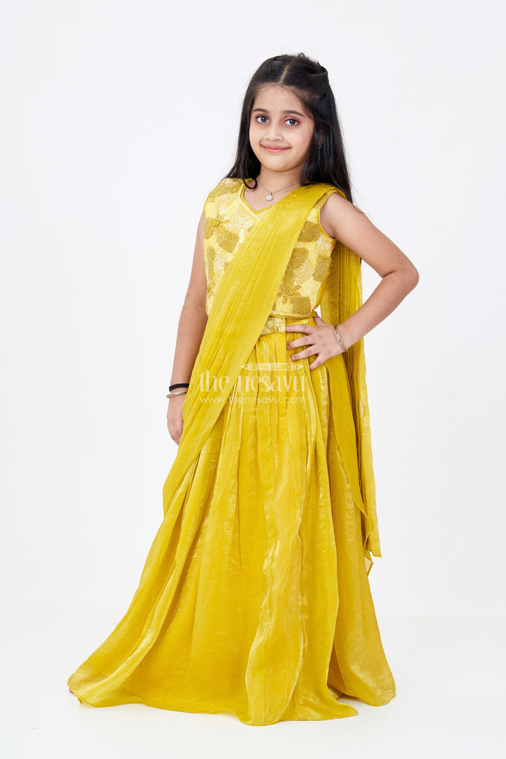 Girls Traditional Lehenga for Diwali in Golden Yellow Glazed organza with Designer Sequin Embroidery