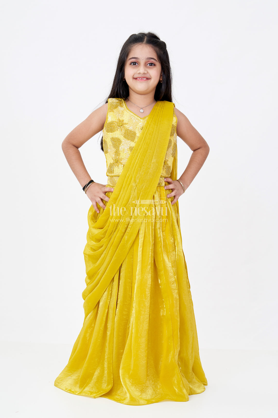Girls Traditional Lehenga for Diwali in Golden Yellow Glazed organza with Designer Sequin Embroidery