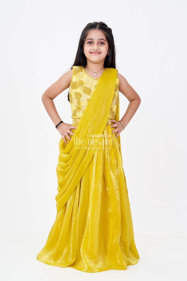 Girls Traditional Lehenga for Diwali in Golden Yellow Glazed organza with Designer Sequin Embroidery