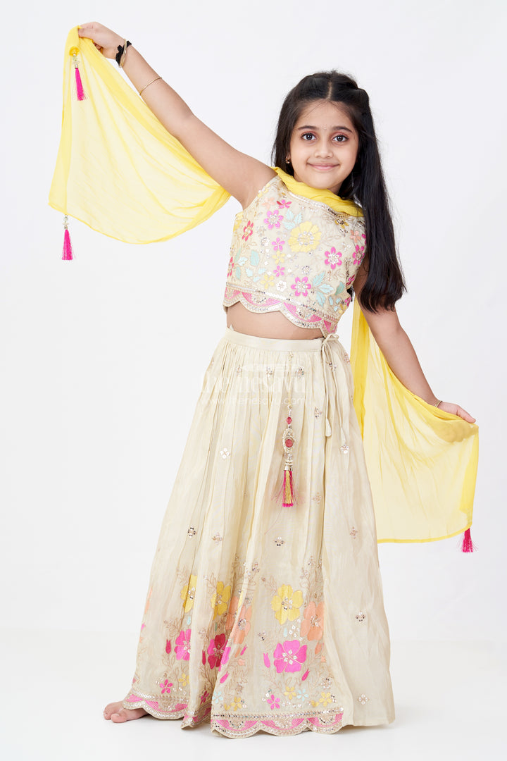 Girls Traditional Lehenga Look Set in Gold Tissue Silk with Embroidered Floral Details and Dupatta