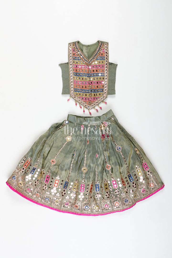Girls Dark Olive Green Lehenga Set with Mirror Embroidery and Dupatta in Traditional dark olive green lehenga Style