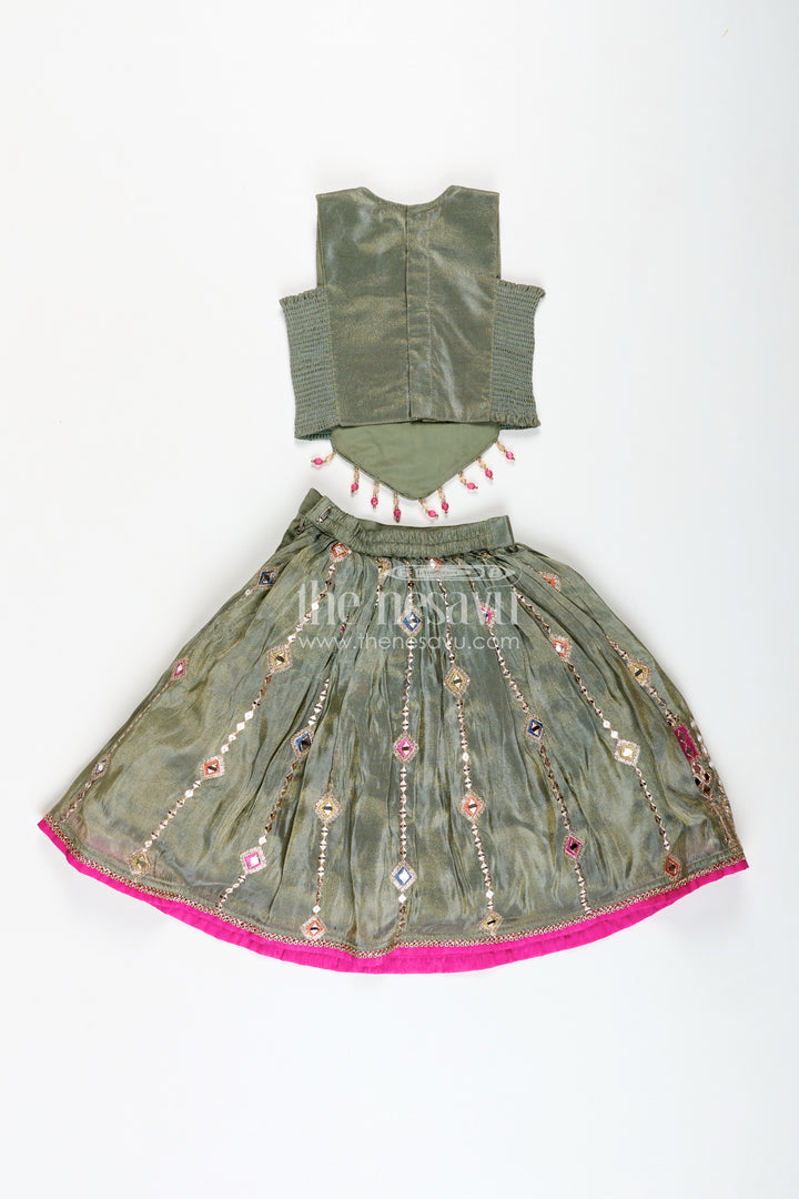 Girls Dark Olive Green Lehenga Set with Mirror Embroidery and Dupatta in Traditional dark olive green lehenga Style