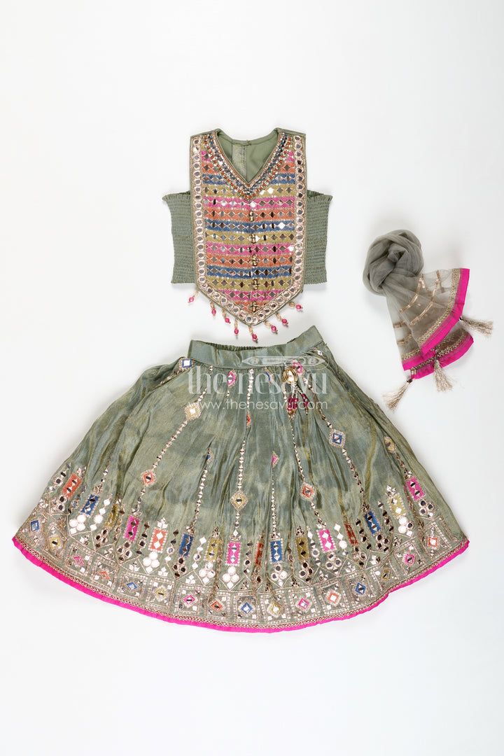 Girls Dark Olive Green Lehenga Set with Mirror Embroidery and Dupatta in Traditional dark olive green lehenga Style