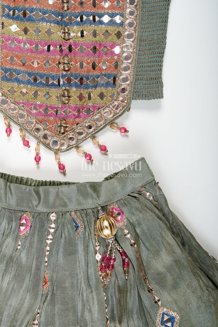 Girls Dark Olive Green Lehenga Set with Mirror Embroidery and Dupatta in Traditional dark olive green lehenga Style