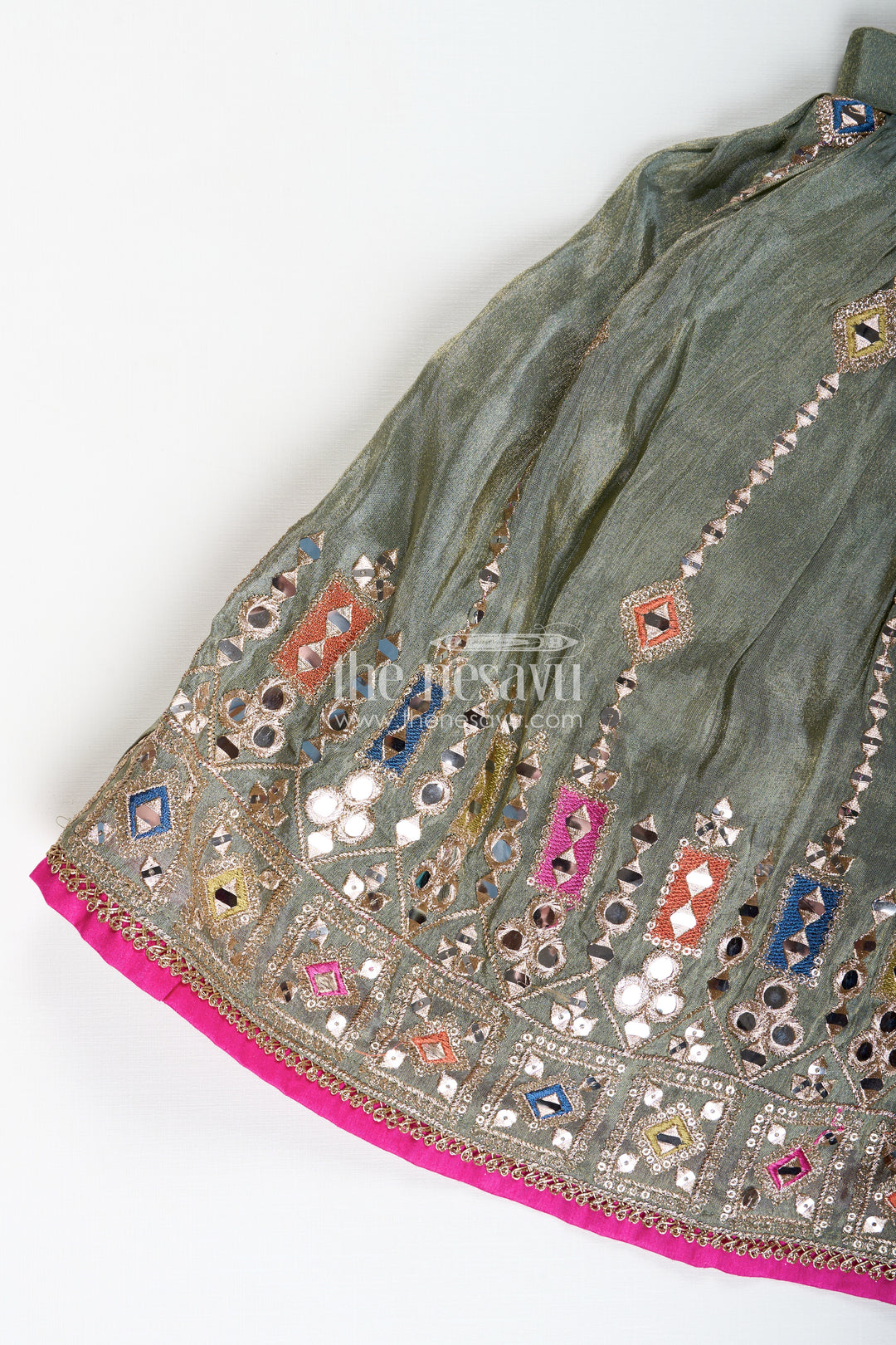 Girls Dark Olive Green Lehenga Set with Mirror Embroidery and Dupatta in Traditional dark olive green lehenga Style