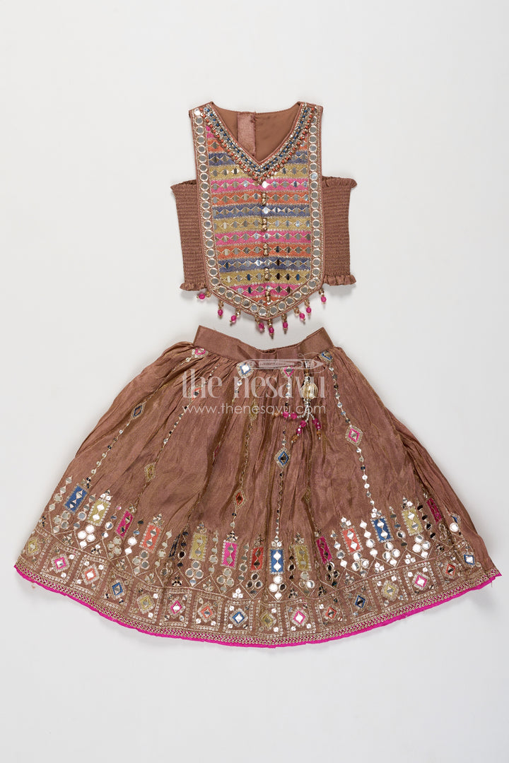 Girls Taupe Viscose Silk Lehenga Choli with Geometric Embroidery