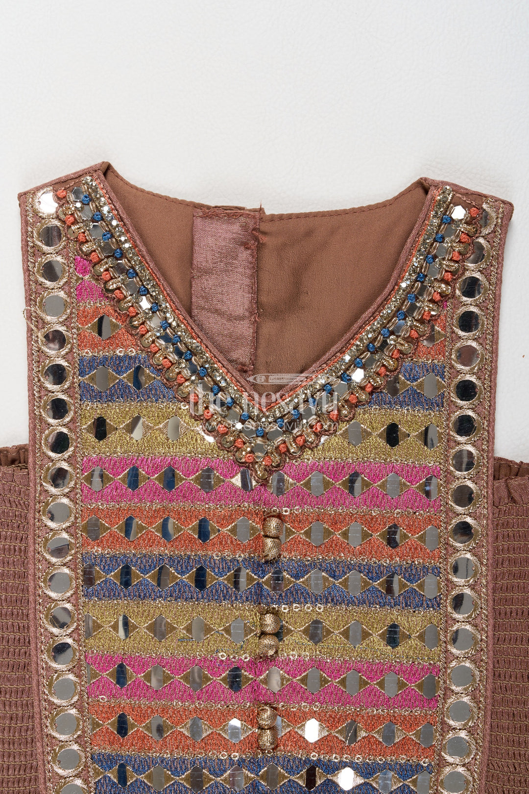Girls Taupe Viscose Silk Lehenga Choli with Geometric Embroidery