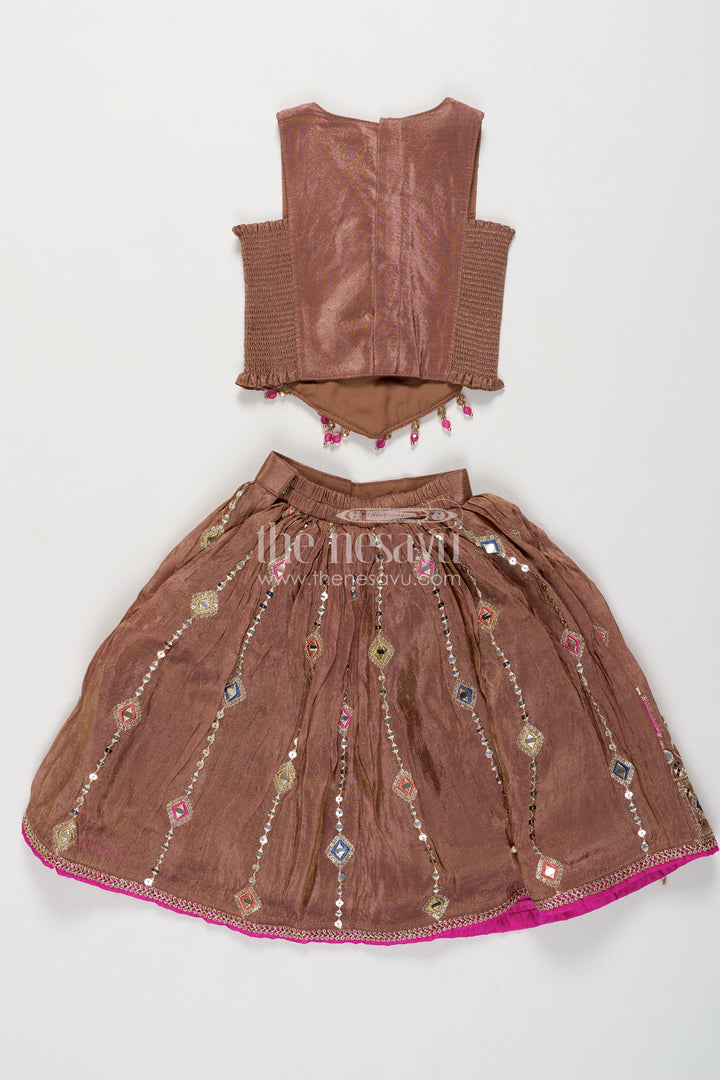 Girls Taupe Viscose Silk Lehenga Choli with Geometric Embroidery